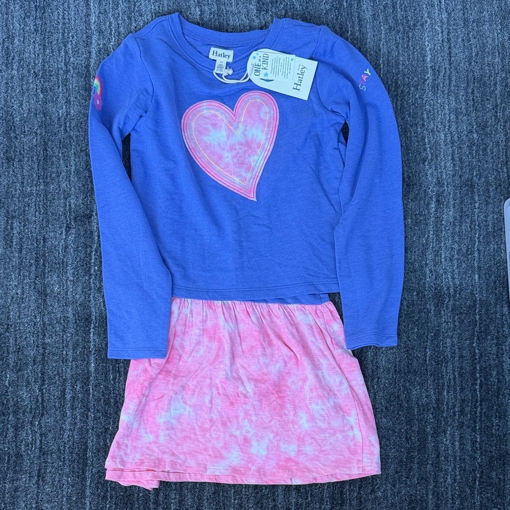 Hatley Girls Blue Long Sleeve Dress with Pink Tie-Dye Skirt
